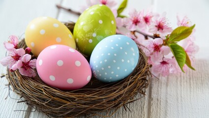 Poster - Colorful Easter eggs in a woven basket with cherry blossoms behind it.