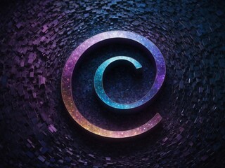 Poster - Vibrant, glowing copyright symbol stands at center against backdrop of dark, textured tiles that appear to be shifting in color from purple to blue.