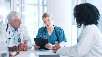 Aufkleber - doctor, nurse and tablet with meeting at hospital for healthcare results, case review and treatment 