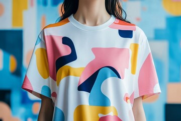 Poster - Woman showcasing a t-shirt with a colorful, abstract design, set against a vibrant, geometric backdrop