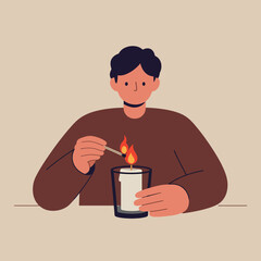 Poster - Person lighting a candle with matchstick in flat vector art