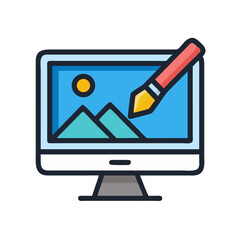 Poster - Monitor with Image and Brush Icon Representing Graphic Editing and Digital Art Creation