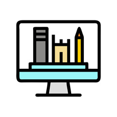 Poster - Monitor with Pencil Case Icon Representing Design Tools and Digital Creativity Workspace