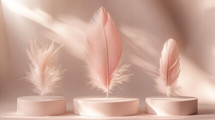 Poster - Elegant Pink Feathers Arranged on Minimalist Pedestals With Soft Lighting Highlighting Their Delicate Texture and Shape
