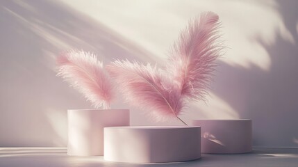 Poster - Elegant Pink Feathers Arranged on Minimalist Pedestals With Soft Lighting Highlighting Their Delicate Texture and Shape