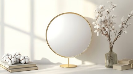 Poster - Stylish Display Featuring a Round Mirror, Dried Flowers, and Decorative Objects in Warm Afternoon Light