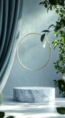 Poster - Floating Circular Frame in a Modern Indoor Setting With Marble Pedestal and Lush Greenery in Bright Natural Light