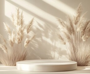 Poster - Elegant Indoor Space Featuring a Round Platform and Soft Pampas Grass in Natural Light, Perfect for Minimalist Decor or Artistic Displays
