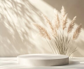 Poster - Elegant Indoor Space Featuring a Round Platform and Soft Pampas Grass in Natural Light, Perfect for Minimalist Decor or Artistic Displays