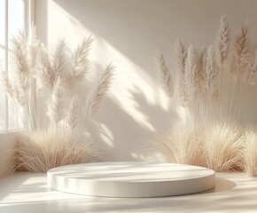 Poster - Elegant Indoor Space Featuring a Round Platform and Soft Pampas Grass in Natural Light, Perfect for Minimalist Decor or Artistic Displays
