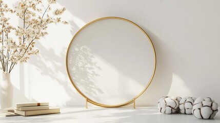 Poster - Soft Morning Light Illuminates a Minimalist Tabletop With a Round Mirror, Cotton Branches, and Stacked Books in a Serene Indoor Setting
