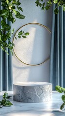 Poster - Floating Circular Frame in a Modern Indoor Setting With Marble Pedestal and Lush Greenery in Bright Natural Light