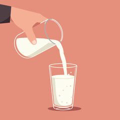 Poster - Hand pouring milk into a glass in flat minimal vector art illustration