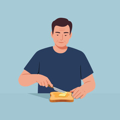 Poster - Man spreading butter on toast in flat vector art style