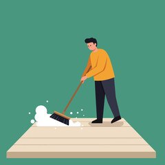 Poster - Person sweeping floor with broom in flat minimal vector art illustration