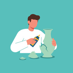 Poster - Person repairing cracked vase using adhesive in flat vector art