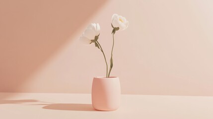 Poster - Elegant White Flowers Arranged in a Minimalist Round Vase on a Soft Pink Backdrop Creating a Serene Atmosphere in Natural Light