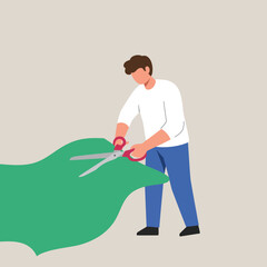 Poster - Person using scissors to cut green fabric in flat vector art