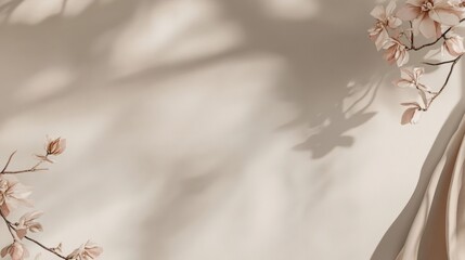 Poster - Blossoming Branches Casting Soft Shadows on a Gentle Beige Background During a Serene Afternoon Light