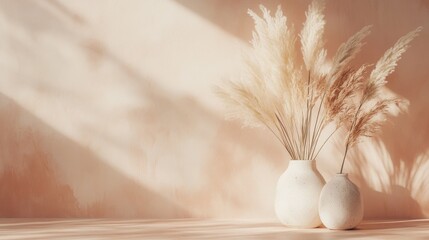 Poster - Blossoming Branches Casting Soft Shadows on a Gentle Beige Background During a Serene Afternoon Light