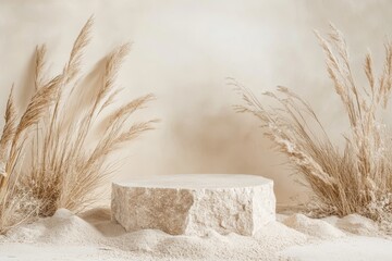 Aufkleber - Natural Elements Create a Serene Backdrop With Dried Grasses and a Stone Pedestal in Soft, Diffused Light