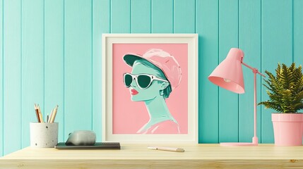 Poster - Artwork Displayed on a Colorful Wall Featuring a Profile Portrait of a Person Against Contrasting Pastel Backgrounds in a Contemporary Setting