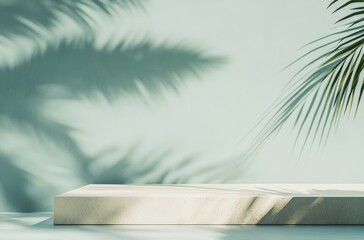 Poster - Natural Light Casts Dramatic Shadows on a Minimalist Platform Surrounded by Lush Foliage in a Tranquil Outdoor Setting