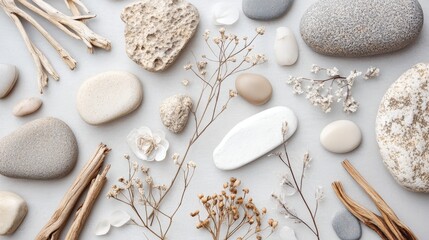 Poster - Arrangement of Smooth Stones and Dried Flowers on a Neutral Background Showcases Natural Beauty and Texture in a Calm Setting