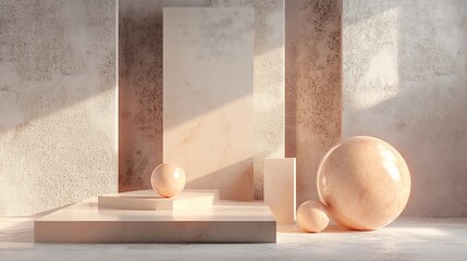Poster - Artistic Arrangement of Geometric Shapes and Floating Spheres in a Modern Interior Setting Characterized by Soft Lighting and Neutral Tones