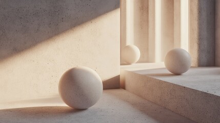 Poster - Artistic Arrangement of Geometric Shapes and Floating Spheres in a Modern Interior Setting Characterized by Soft Lighting and Neutral Tones