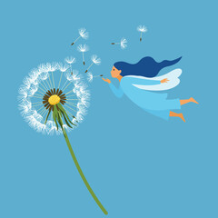 Poster - Fairy blowing seeds from dandelion flower in flat vector art style