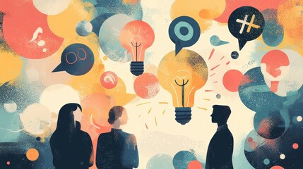 Poster - Colorful Abstract Shapes and Objects Arranged on a Pink Background Featuring a Light Bulb and Question Marks in a Creative Layout
