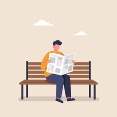Poster - Man sitting on a bench reading a newspaper in flat vector art