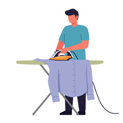 Poster - Man ironing a shirt with a flat design style in vector art