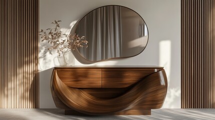 Aufkleber - Modern Wooden Console Table Paired With a Curved Mirror and a Minimalist Vase in a Sunlit Interior Space