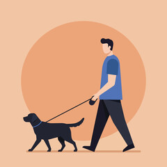 Poster - Man walking a black dog in flat and minimal vector art