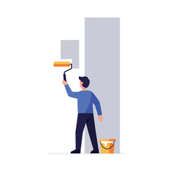 Poster - Person painting a wall with a roller in flat vector art style