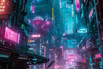 Poster - A futuristic cityscape with neon lights reflecting on a wet street, showcasing holograms and glowing signage, A futuristic cityscape with neon lights and holographic displays