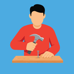 Poster - Man using a hammer to drive a nail into wood flat vector art