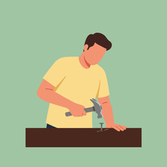 Poster - Man using a hammer on wood in flat and minimal vector art
