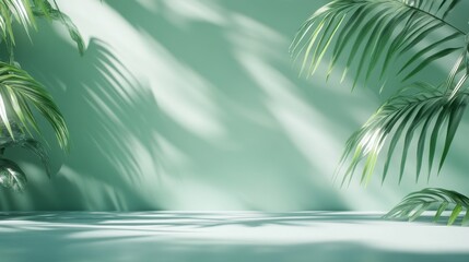 Poster - Captivating Play of Light and Shadows Created by Lush Green Palm Leaves Against a Serene Mint Backdrop Perfect for Relaxation or Inspiration