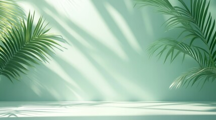 Poster - Captivating Play of Light and Shadows Created by Lush Green Palm Leaves Against a Serene Mint Backdrop Perfect for Relaxation or Inspiration