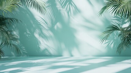 Poster - Captivating Play of Light and Shadows Created by Lush Green Palm Leaves Against a Serene Mint Backdrop Perfect for Relaxation or Inspiration