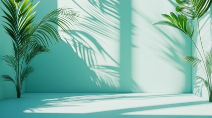 Poster - Captivating Play of Light and Shadows Created by Lush Green Palm Leaves Against a Serene Mint Backdrop Perfect for Relaxation or Inspiration