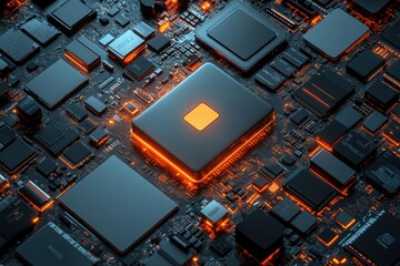Poster - A high-resolution image of a microchip on a circuit board.