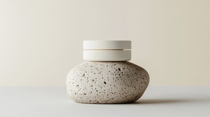 Poster - Minimalistic Design Featuring a Smooth Object Resting on a Textured Stone Against a Neutral Backdrop in a Serene Setting