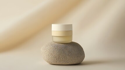 Poster - Minimalistic Design Featuring a Smooth Object Resting on a Textured Stone Against a Neutral Backdrop in a Serene Setting