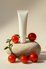 Poster - Creative Display of Skincare Product With Fresh Tomatoes and Stone Centerpiece in Minimalistic Arrangement