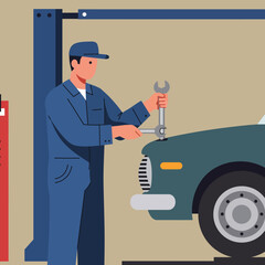 Poster - Mechanic working on car with wrench in flat vector art style