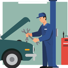 Poster - Mechanic working on car engine in flat vector illustration style with tools and garage equipment vector art